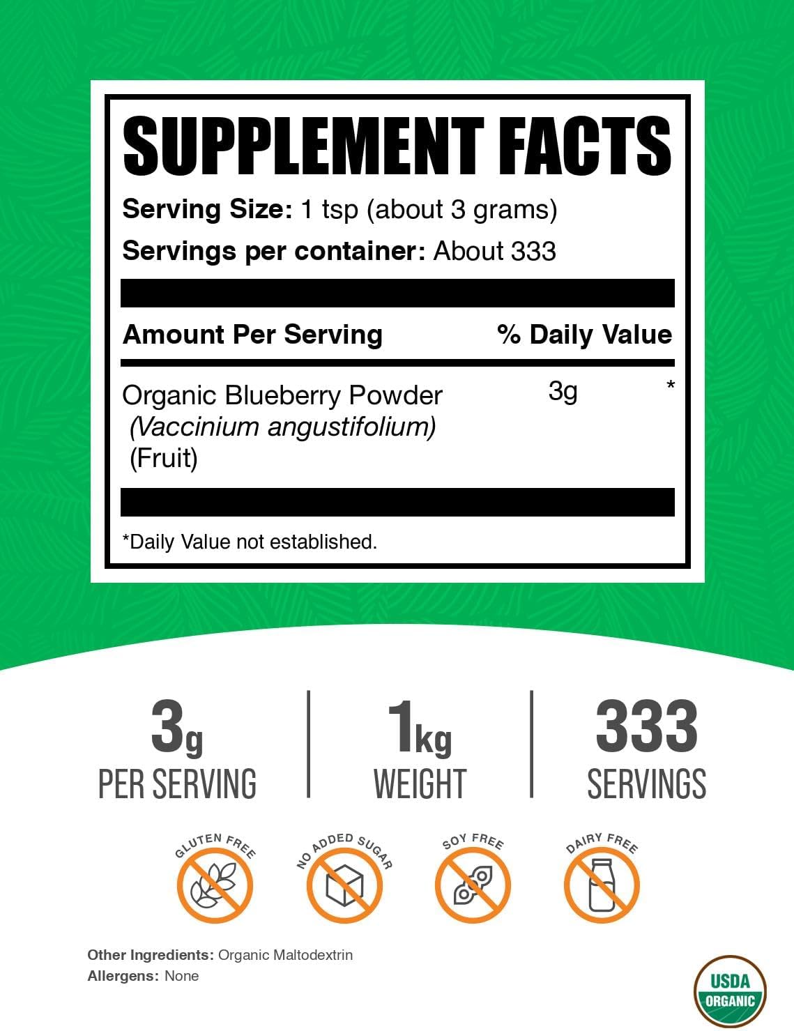 BulkSupplements.com Organic Blueberry Powder - Antioxidant Support, Bluberry Supplement - Vegan & Gluten Free, 3g per Serving, 1kg (2.2 lbs) (Pack of 1)