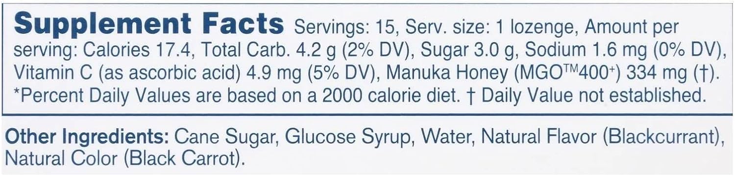 Manuka Health Manuka Honey Lozenges – 15 Blackcurrant Flavored Lozenges – Natural Throat Lozenges Infused with Raw Manuka Honey and Vitamin C for Immune Support