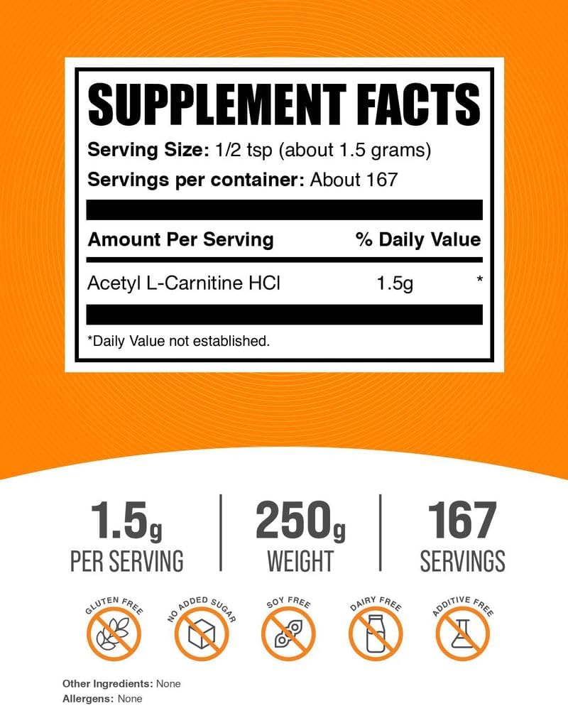BulkSupplements.com Acetyl L-Carnitine Powder - as ALCAR HCl, Carnitine Supplement - Gluten Free, 1.5g per Serving, 250g (8.8 oz) (Pack of 1)