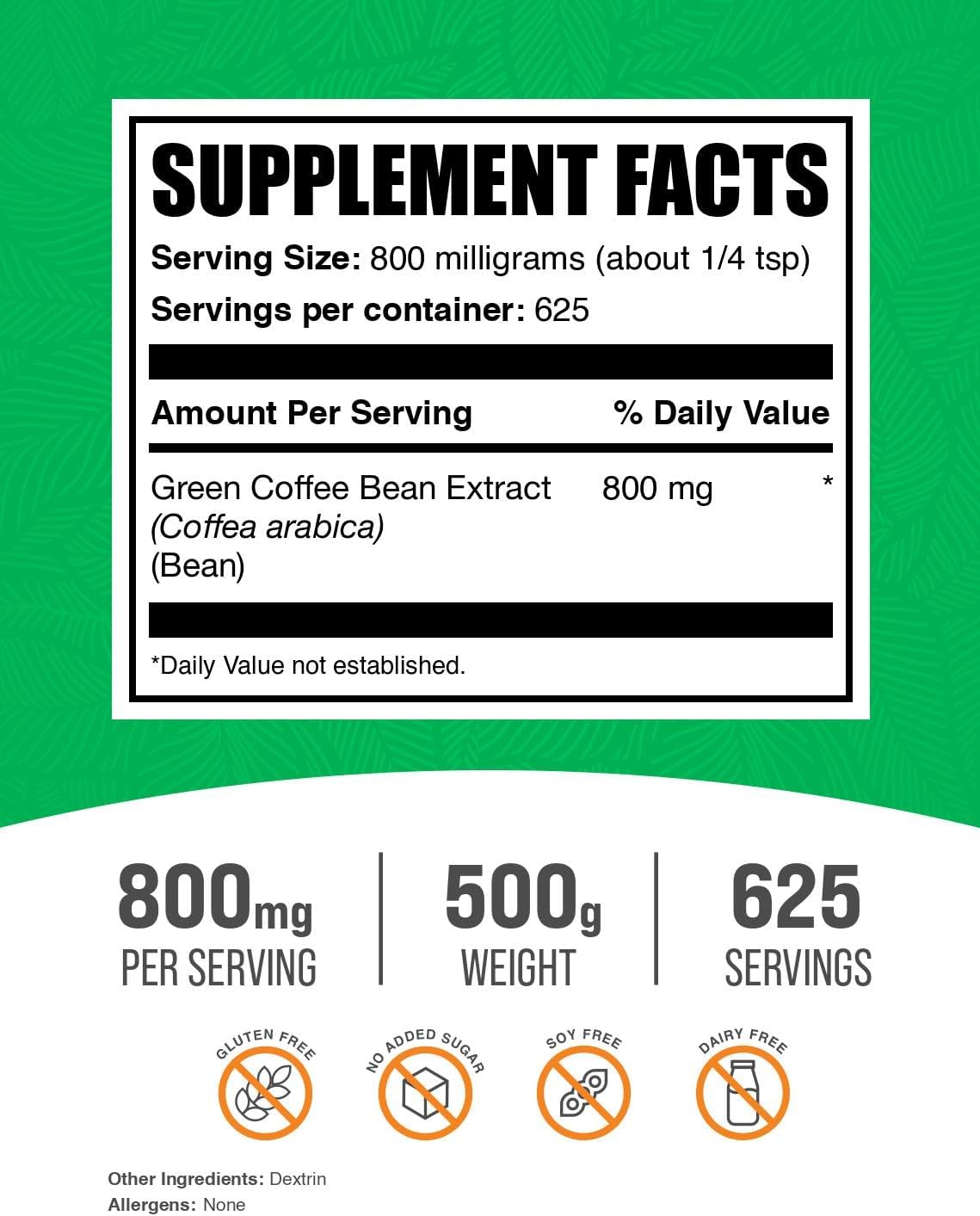 BulkSupplements Green Coffee Bean Extract Powder - Green Coffee Bean Supplements - Energy Support, Gluten Free, 800mg per Serving, 500g (1.1 lbs) (Pack of 1)
