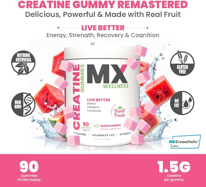 Creatine Monohydrate Gummies for Men & Women – Real Fruit Gummy Supplement for Muscle Growth, Recovery, Longevity, Cognitive Health & Memory – 90 Chews (90 Gummies, Watermelon)