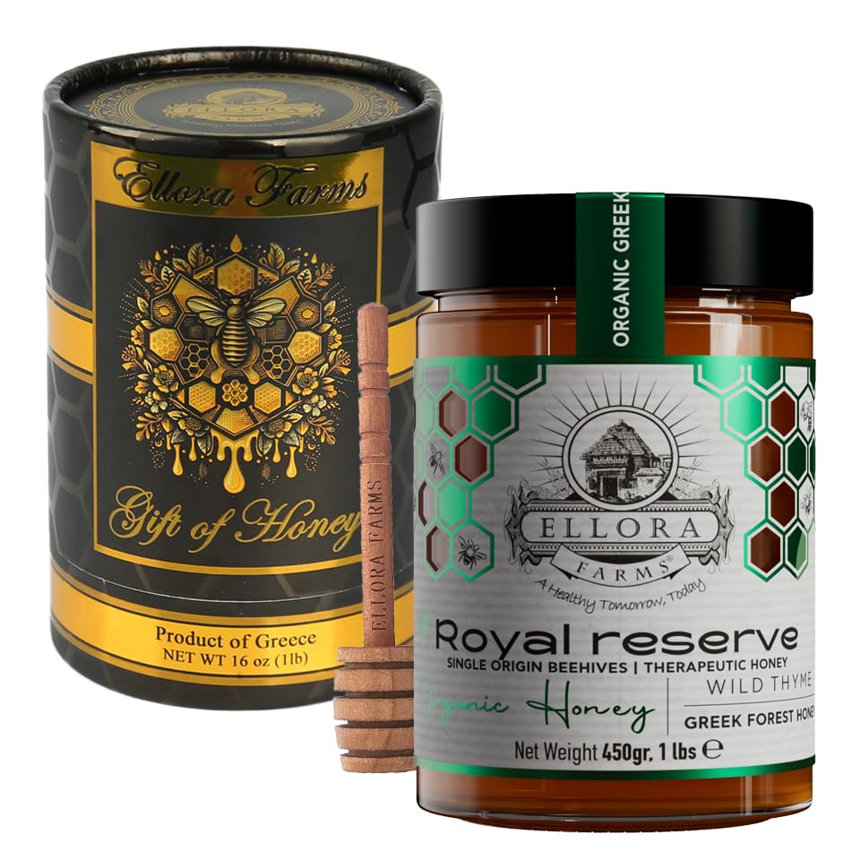 Ellora Farms Organic Honey, Wild Thyme Organic Honey Raw Unfiltered, Preservative and Additive Free, 2025 Paris and Dubai Gold Awards Winner, Gift Pack with Dipper - 450 g