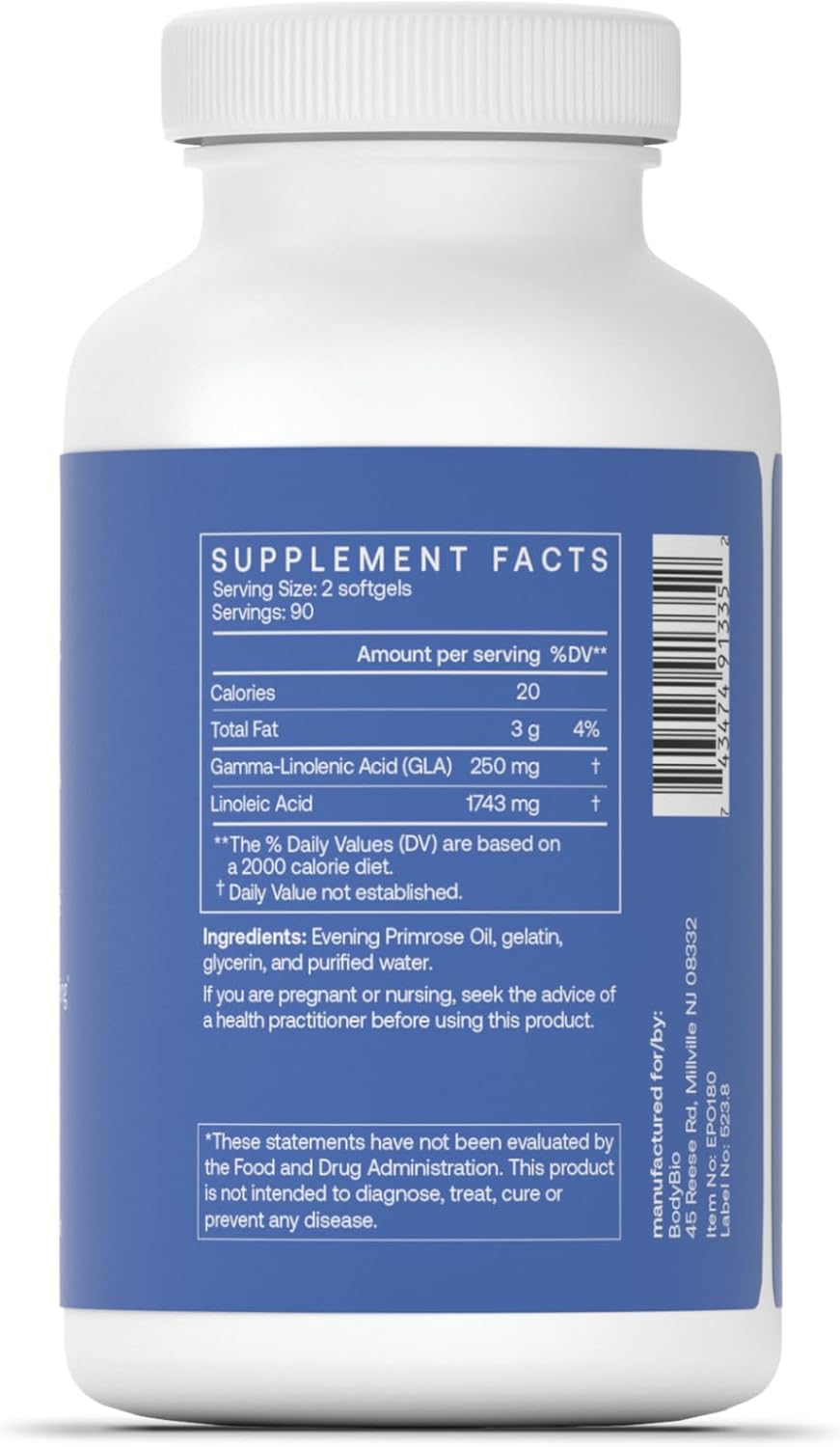 BodyBio Evening Primrose Oil - Natural Gamma Linolenic Acid for Healthy Skin & Hormone Balance - Non-GMO, Cold Pressed, 180 softgels