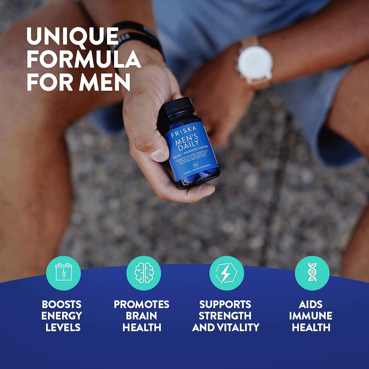 FRISKA Men’s Daily Digestive Enzyme and Probiotics Supplement, Natural Support for Male Digestive Health, Bloating, Gas, Indigestion Relief, Supports Gut Health, Lactase and B-Vitamins, 30 Capsules