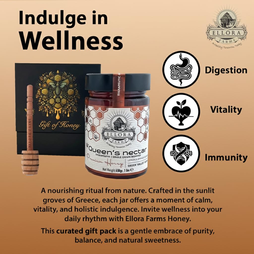 Ellora Farms Greek Honey from Greece, Lemon & Orange Blossom Raw Unpasteurized Honey, 2025 Paris Platinum Award, Non-GMO and Unpasteurized, Gift Pack with Dipper - 450 g