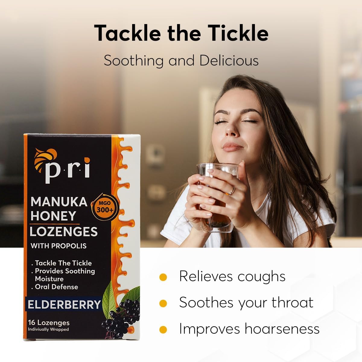 P.R.I Manuka Honey Lozenges with Propolis, Soothing Cough and Throat Drops, MGO 300+ Certified (Elderberry, 16 Count/2 Pack)