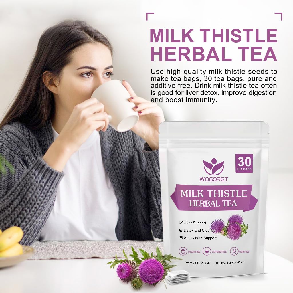 WOGORGT Dried Milk Thistle Tea - Organic Milk Thistle Herbal Tea for Liver Cleanse, Antioxidant and Immune Support, Caffeine Free - 30 Tea Bags