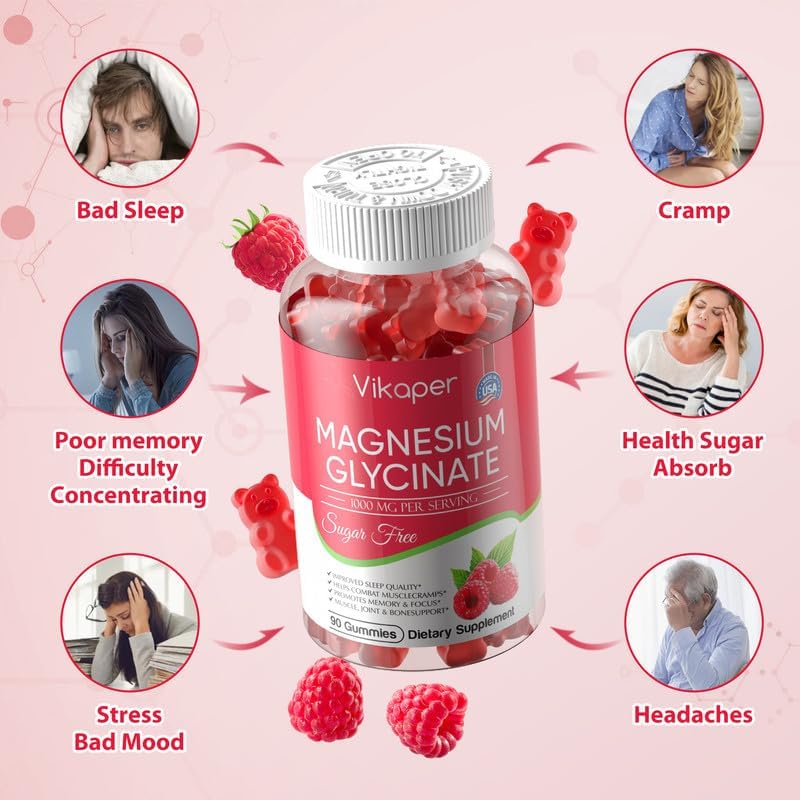 Magnesium Glycinate Gummies 1000mg,Sugar Free for Adults Kids Magnesium Potassium Supplement,Support Sleep,Stress,Muscle Relief,Nerve Health,Non GMO,Vegan,Gluten Free,180 Raspberry Flavor Gummies