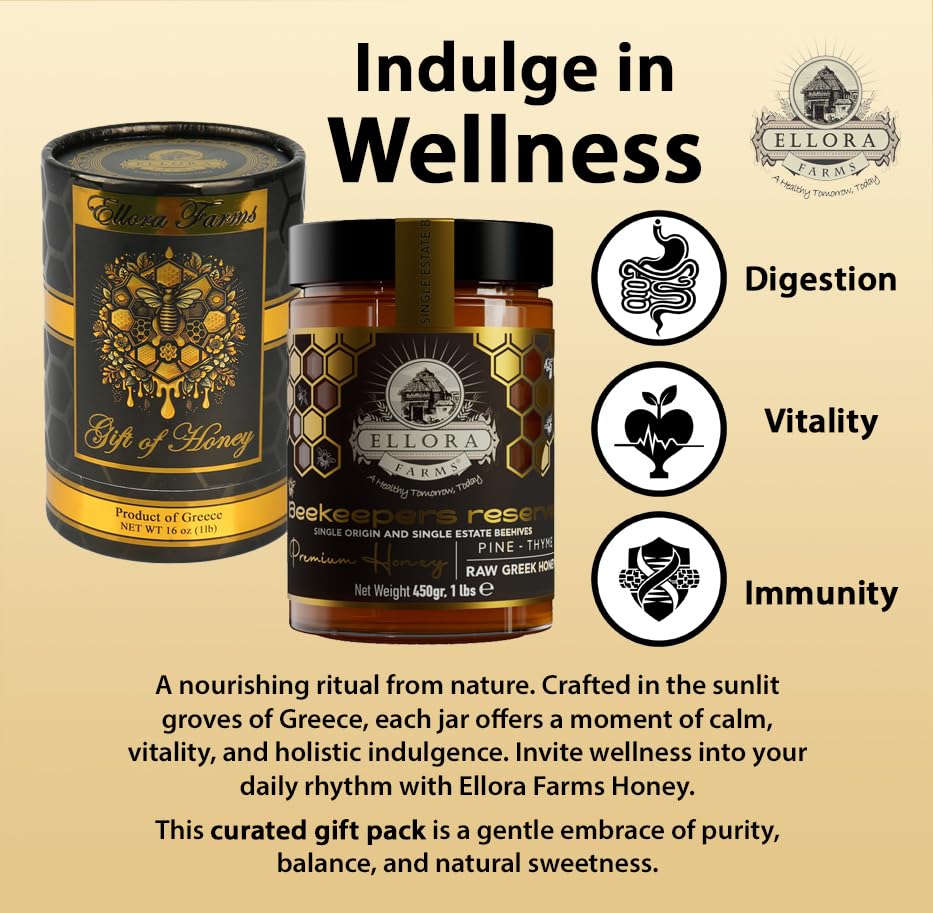 Ellora Farms Greek Honey Single Estate PDO, Pine & Thyme Raw Honey Unfiltered, Beautiful Gift Pack with Dipper, Beekeepers Reserve, Pure Raw & Unfiltered Cold-Pressed, Gluten Free - 450 g