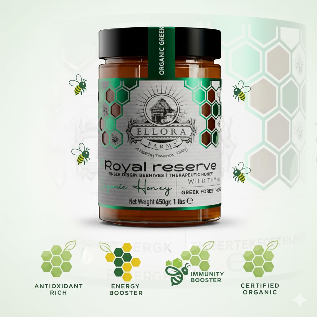 Ellora Farms Organic Honey, Wild Thyme Organic Honey Raw Unfiltered, Preservative and Additive Free, 2025 Paris and Dubai Gold Awards Winner - 450 g