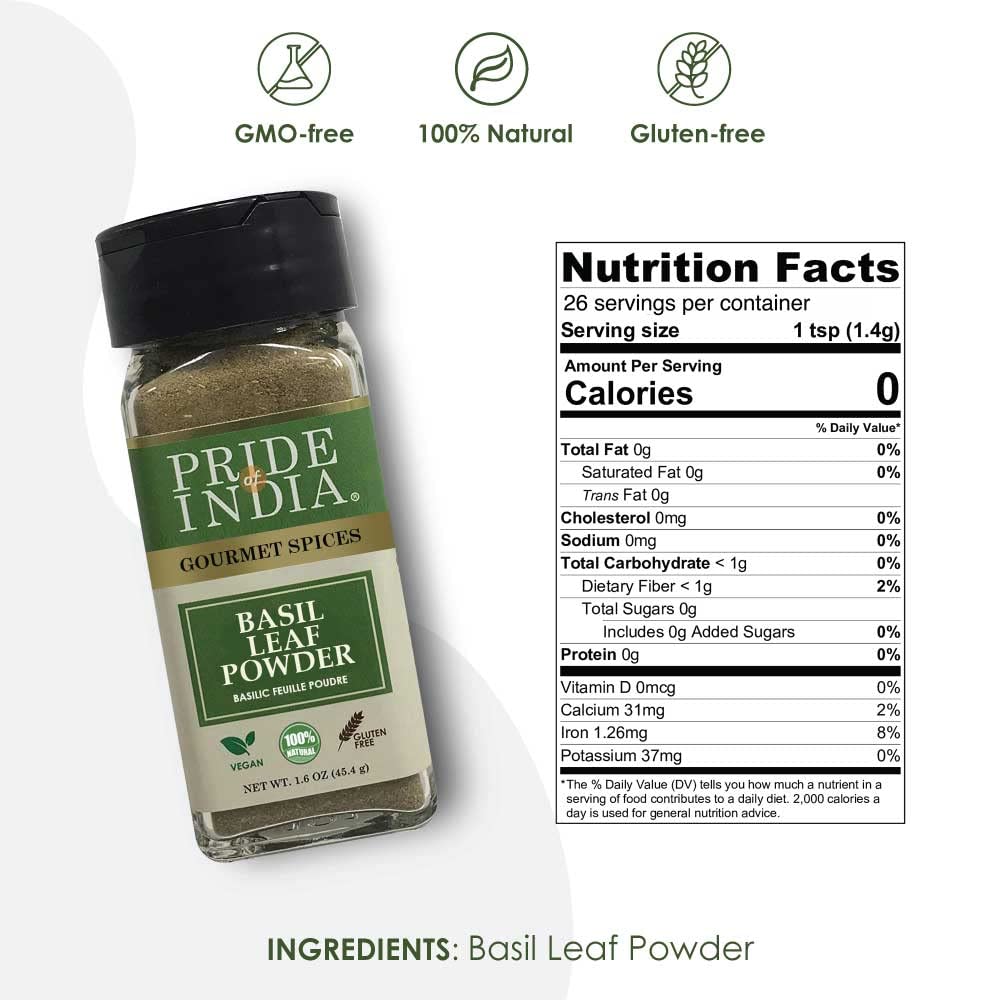 Pride of India Basil Leaf Powder | Gourmet Dried Basil Culinary Herb | Mediterranean Seasoning for Pesto, Stews & Curries | Tulsi Powder | Easy to Use | Small Dual Sifter Jar 1.6 oz