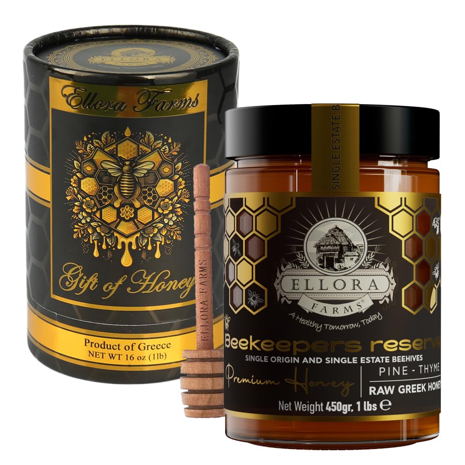 Ellora Farms Greek Honey Single Estate PDO, Pine & Thyme Raw Honey Unfiltered, Beautiful Gift Pack with Dipper, Beekeepers Reserve, Pure Raw & Unfiltered Cold-Pressed, Gluten Free - 450 g