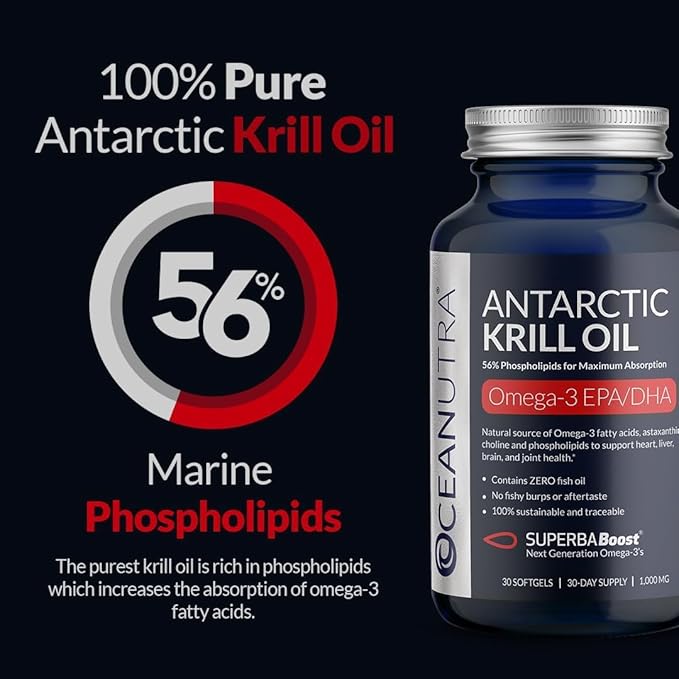 100% Pure Organic Krill Oil 1000mg, 60-Day, Omega 3, Highest Concentration 56% Phospholipids, Wild Caught, Sustainable Traceable Antarctic SuperbaBoost, Astaxanthin, Heart, Skin Care, No Fish Oil