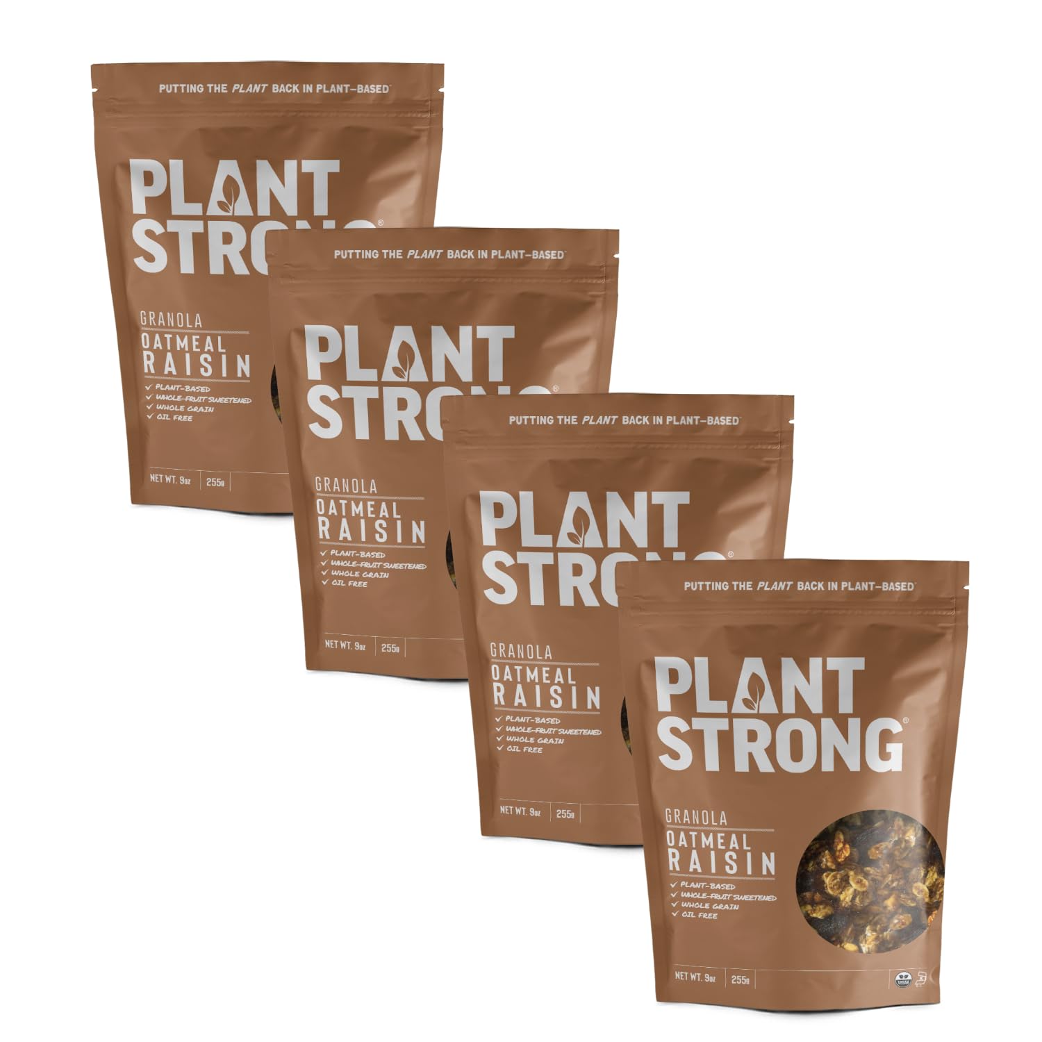 PLANTSTRONG Classic Oatmeal Raisin Cookie Granola Snack Mix - Whole Grain, Naturally Sweetened With Fruit, Plant Based, Oil Free - Pack of 4 x 9oz Bags