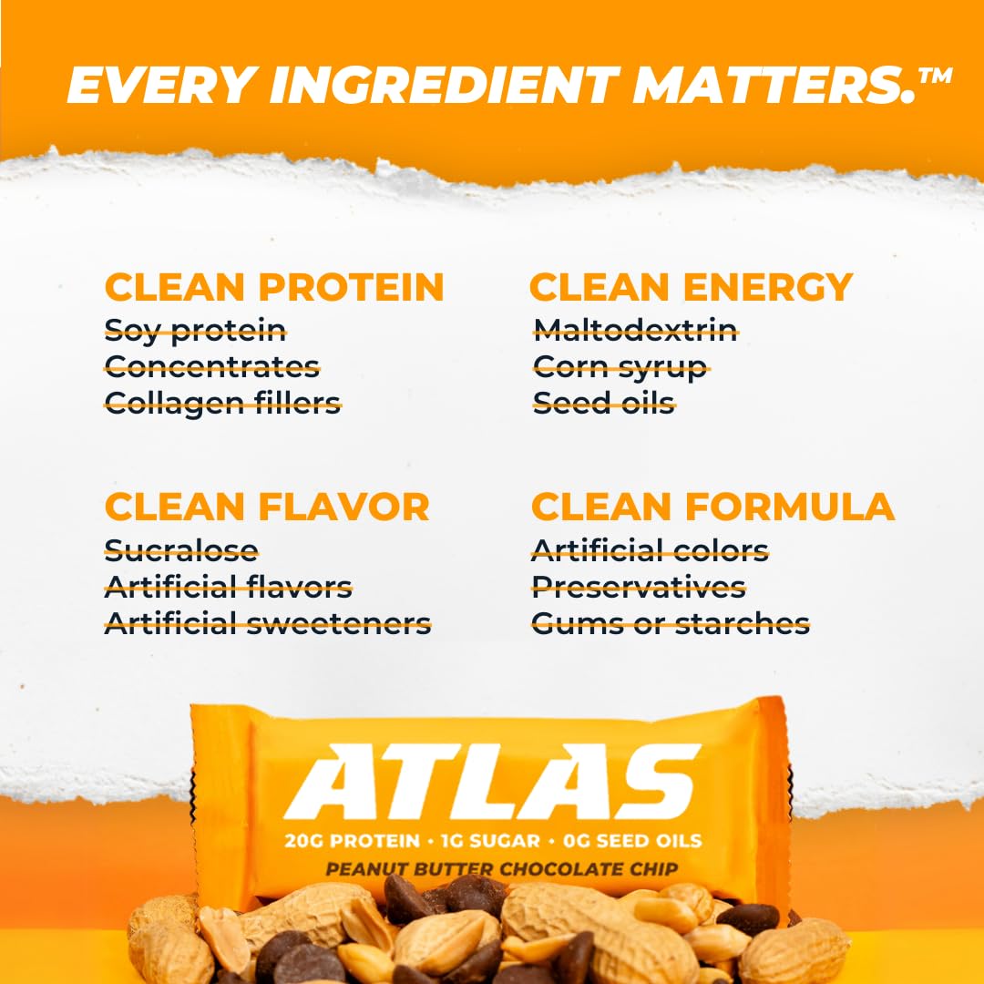 Atlas Bar – 20g Protein, 1g Sugar, 0g Seed Oils, 0g Artificial Sweeteners (Peanut Butter Chocolate Chip, 24 Count)