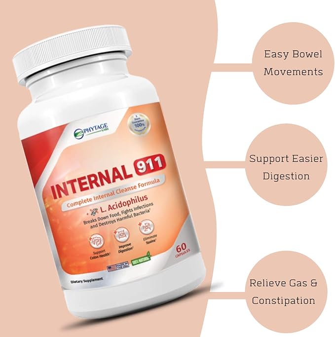 Internal 911 Colon Cleanse Detox Supplement - Natural Laxative Cleanser Removes Toxins for Better Digestion and Radiant Skin - 60 Capsules