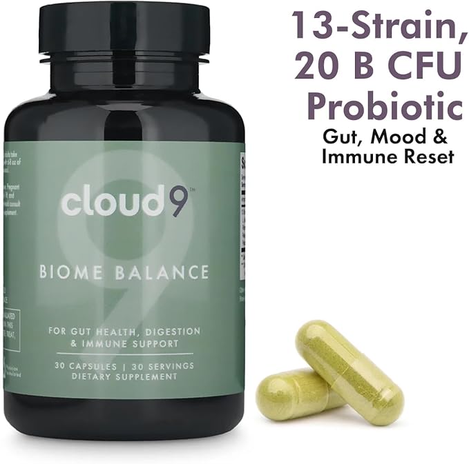 Cloud9 Biome Balance – 13-Strain Probiotic for Gut, Mood & Immune Support – 20 Billion CFU – Vegan, Dairy-Free, Shelf-Stable – Made in USA- 30 Capsules