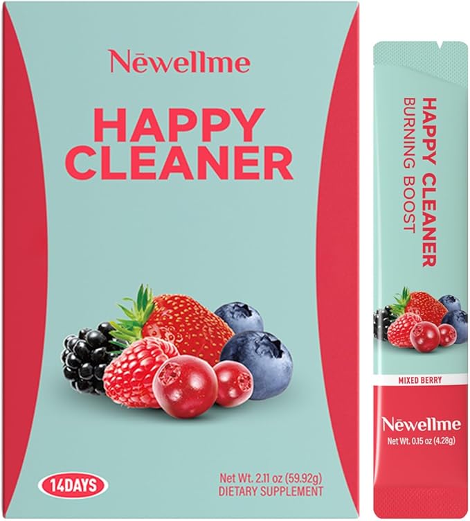 NEWELLME Happy Cleaner Digestive Supplement Powder, Gut Health Drink Mix with Probiotics, Digestive Enzymes & Fiber, Supports Digestion and Bloating, Berry Flavor, 14 Sachets