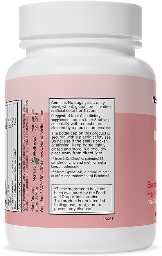 Natural Wellness Hair, Skin & Nails Supplement – Biotin Hair Growth Vitamins, Essential Minerals & Antioxidants – Supports Healthy Hair Growth, Strong Nails & Glowing Skin – 90 Tablets, 1 Month Supply