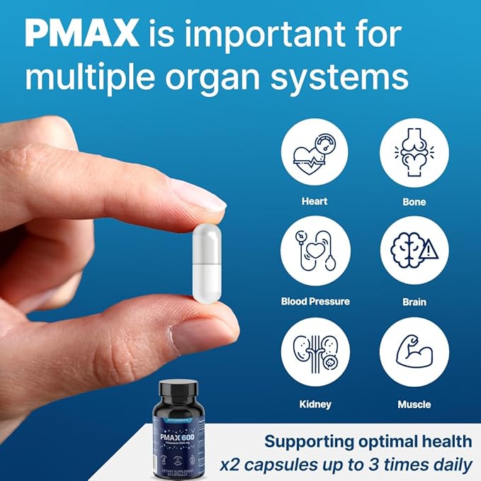 PMAX600 Potassium Supplement 600mg, 4-Type Potassium Blend with Citrate, Gluconate, Bicarbonate & Chloride, High Absorption Capsules for Electrolyte & Kidney Health Support (30 Servings)