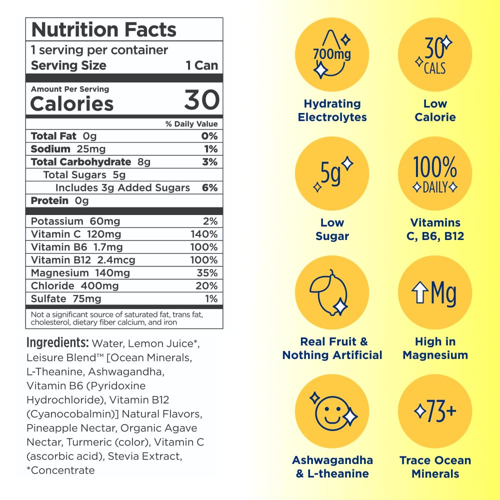 Leisure Hydration Non-Carbonated Electrolyte Refresher, Lemonade Flavor - Low Sugar Nutrient Enhanced Water Beverage - Get The Best Hydration Packed w/ Magnesium & Ashwagandha For Mood & Stress Support, Non-GMO, 16 oz (12-Cans)