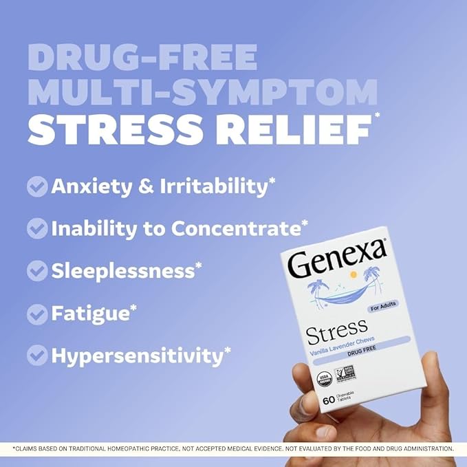 Genexa Stress for Adults | Anxiety Relief & Fatigue Remedy | Soothing Natural Vanilla & Lavender Flavor | Gluten Free & Non-GMO | Homeopathic Remedy Made Clean | 180 Chewable Tablets (3 Pack)