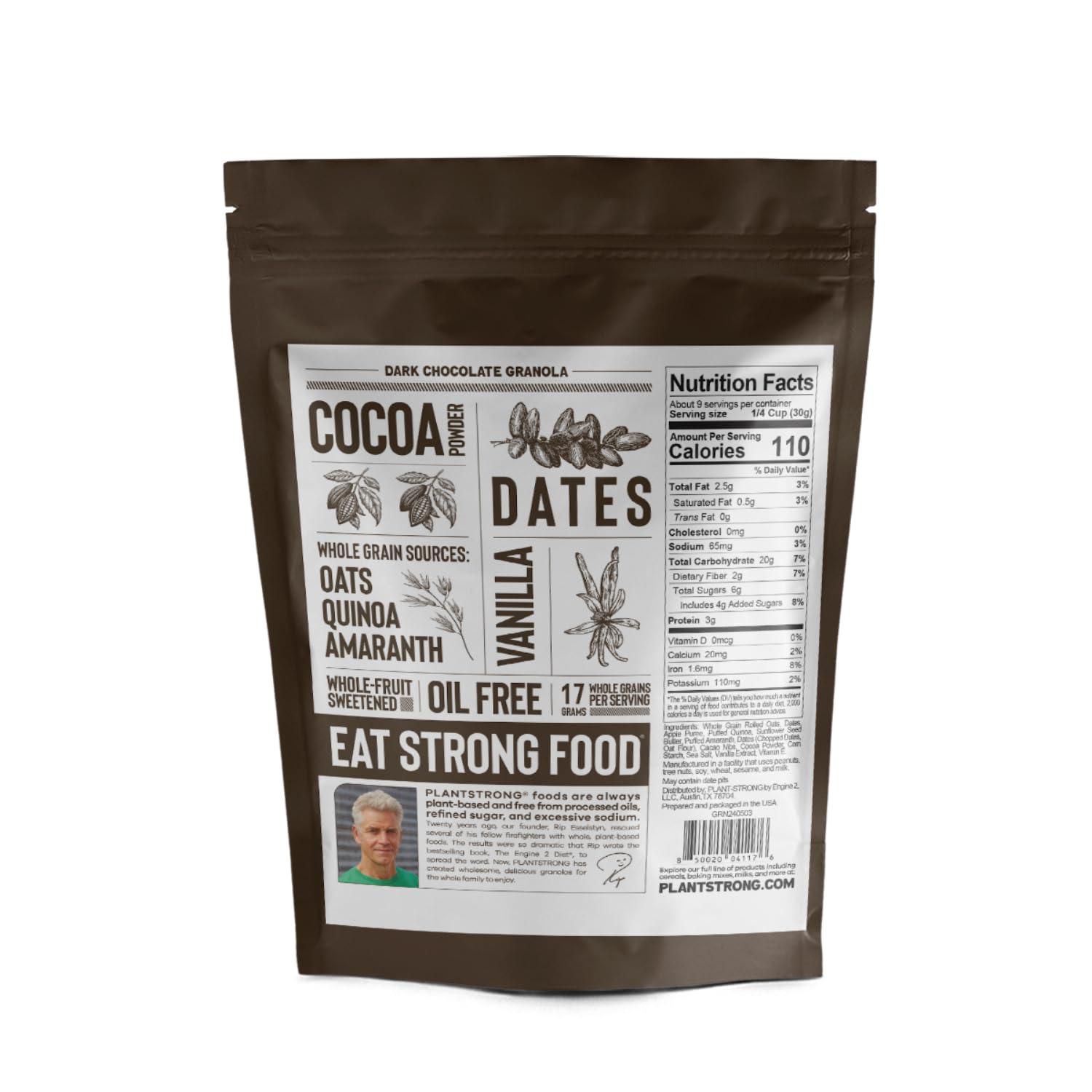 PLANTSTRONG Dark Chocolate Granola Snack Mix - Whole Grain, Naturally Sweetened With Fruit, Plant Based, Oil Free - Pack of 4 x 9oz Bags