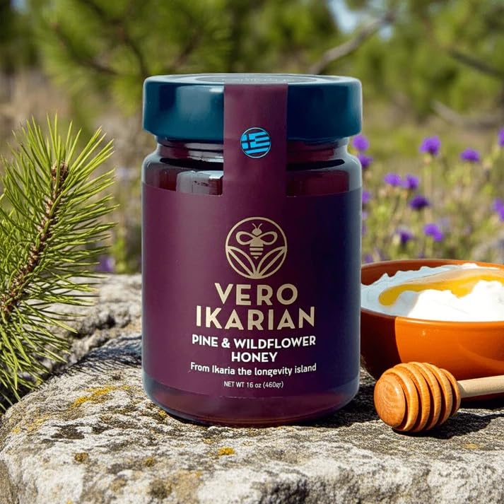 Greek Superherbs - Ikaria Honey, Pine & Wildflower 460g (16.2 oz) - 100% Organic, Raw, Unfiltered Blue Zone Longevity Honey with Earthy Flavor - Antioxidant Rich for Wellness, Energy & Immunity Support