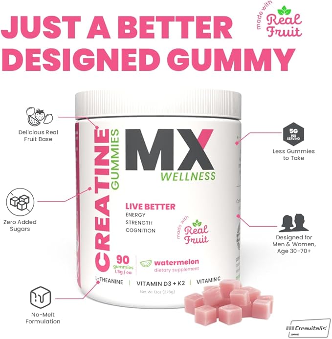 Creatine Monohydrate Gummies for Men & Women – Real Fruit Gummy Supplement for Muscle Growth, Recovery, Longevity, Cognitive Health & Memory – 90 Chews (90 Gummies, Watermelon)