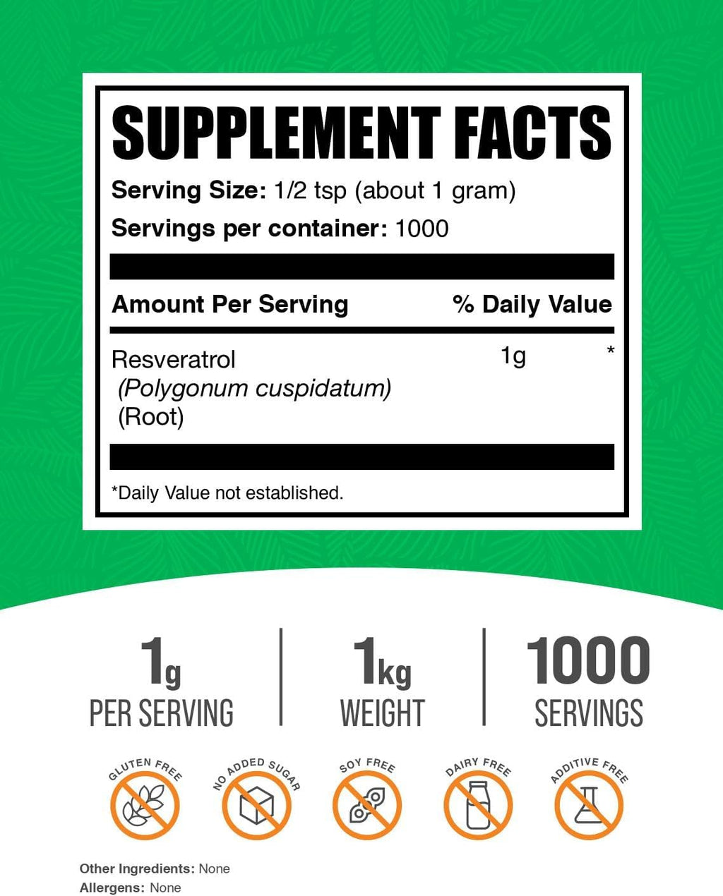 BulkSupplements.com Resveratrol Powder - Resveratrol Supplement, from Polygonum Cuspidatum - Antioxidant, Gluten Free, 1g per Serving, 1kg (2.2 lbs) (Pack of 1)