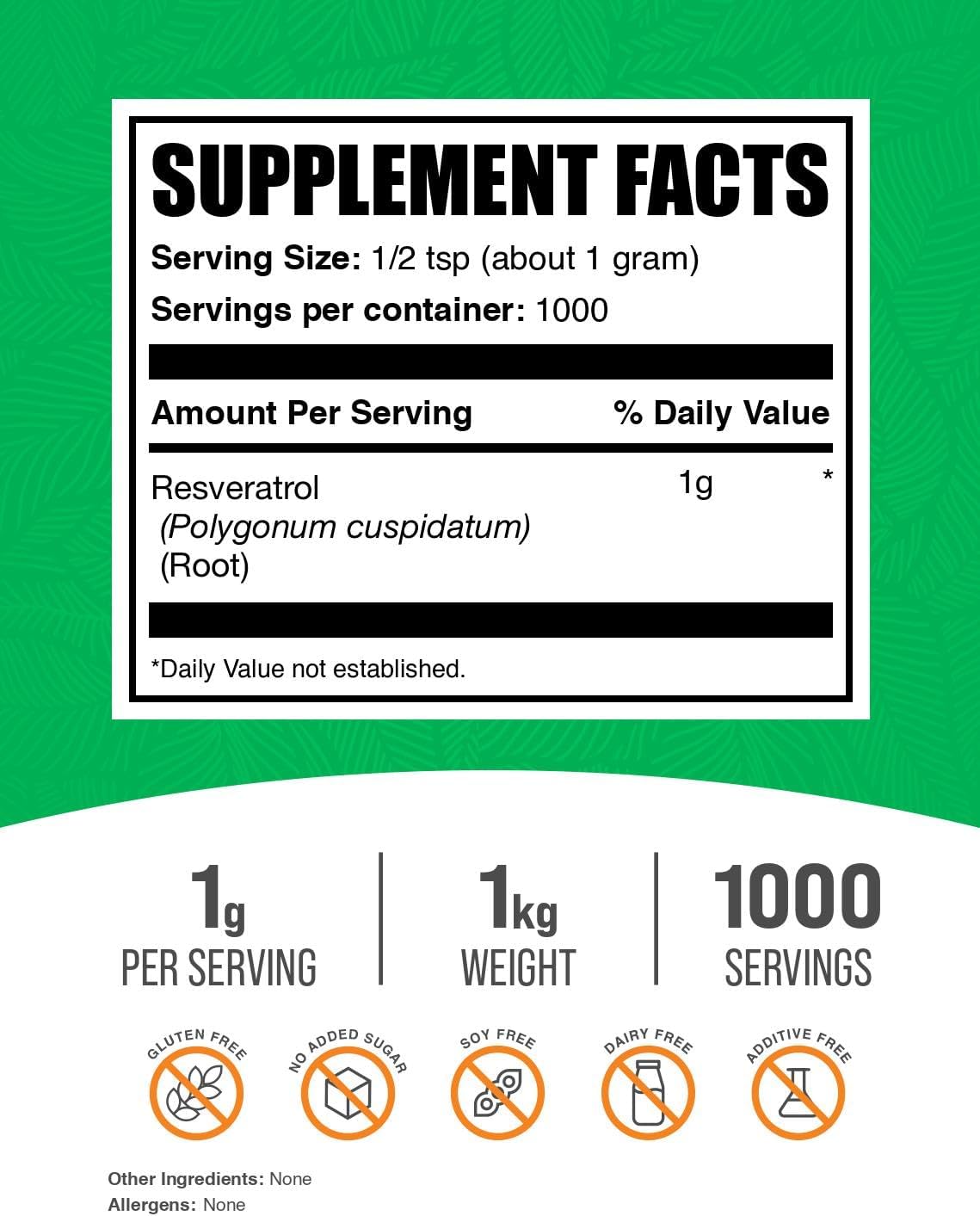 BulkSupplements.com Resveratrol Powder - Resveratrol Supplement, from Polygonum Cuspidatum - Antioxidant, Gluten Free, 1g per Serving, 1kg (2.2 lbs) (Pack of 1)