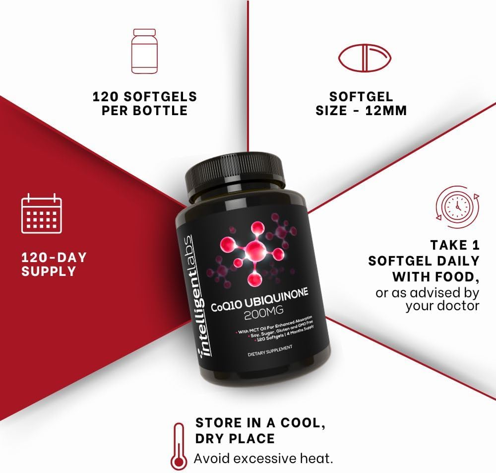 Intelligent Labs CoQ10 Ubiquinone 200mg Softgels | Coenzyme Q10 with MCT Oil for Max Absorption | Soy, Sugar, Gluten, and GMO-Free | 120 Servings | 120 Days Supply