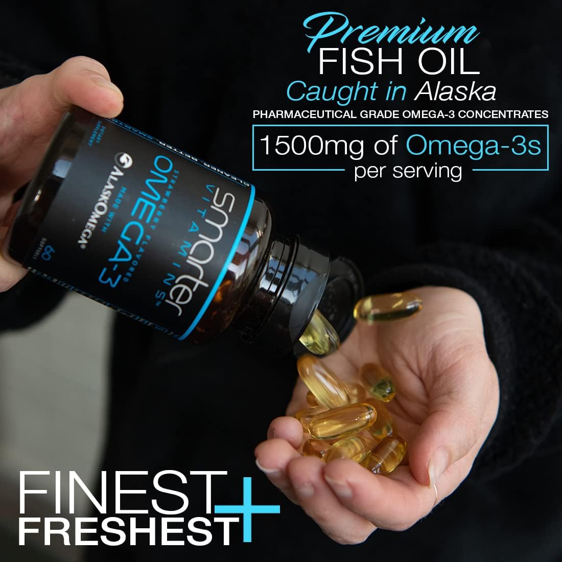 SmarterVitamins Omega 3 Fish Oil, Strawberry Flavor, Burpless, Tasteless, 2000mg, DHA EPA Triple Strength, Made with AlaskOmega®