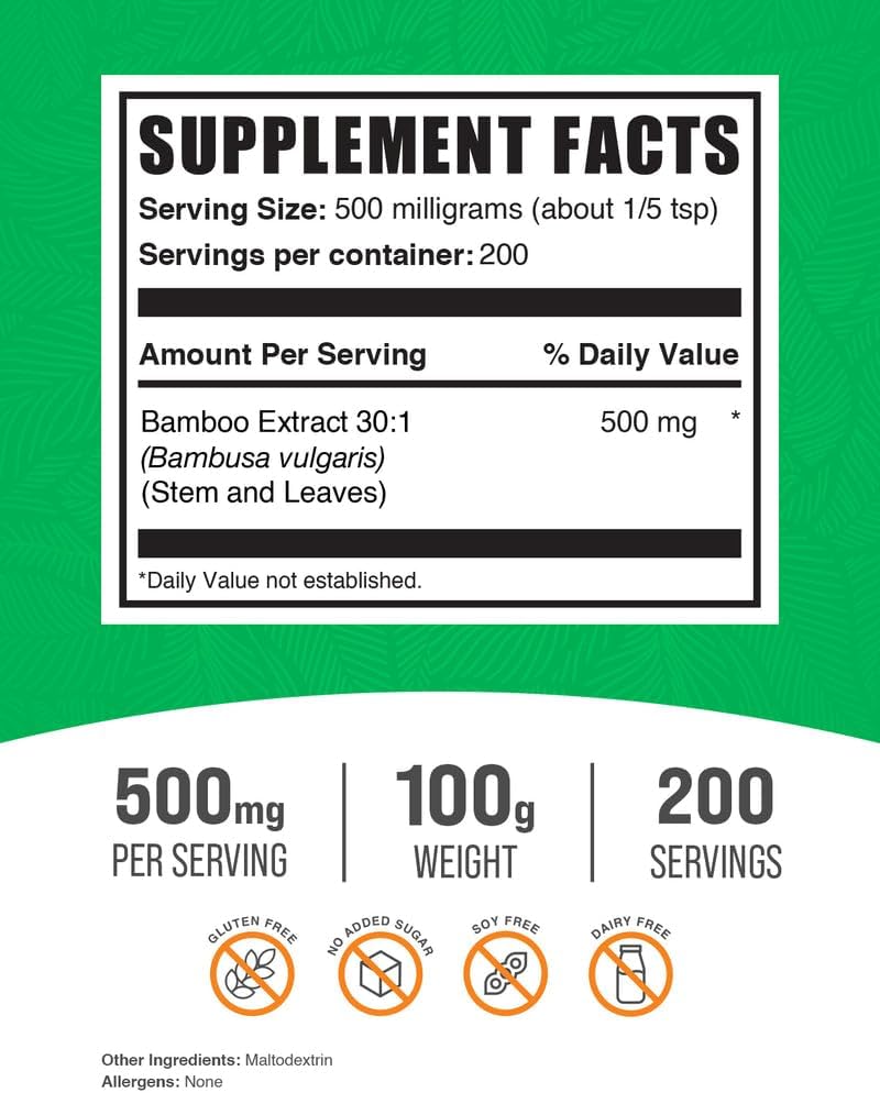 BulkSupplements.com Bamboo Extract Powder - Silica Supplements, Bamboo Supplement - Herbal & Gluten Free, 500mg per Serving, 100g (3.5 oz) (Pack of 1)