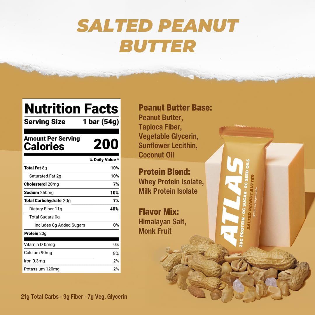 Atlas Bar – 20g Protein, 1g Sugar, 0g Seed Oils, 0g Artificial Sweeteners (12 Count, Salted Peanut Butter)