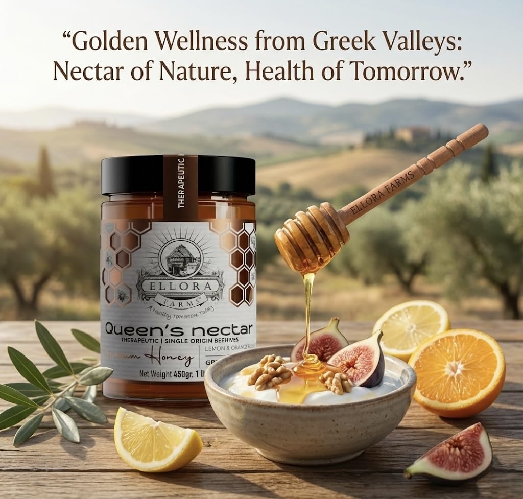 Ellora Farms Greek Honey from Greece, Lemon & Orange Blossom Raw Unpasteurized Honey, 2025 Paris Platinum Award, Non-GMO and Unpasteurized, Gift Pack with Dipper - 450 g