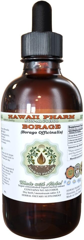 Borage Alcohol-Free Liquid Extract, Borage (Borago Officinalis) Dried Flower and Herb Glycerite Hawaii Pharm Natural Herbal Supplement 2 oz