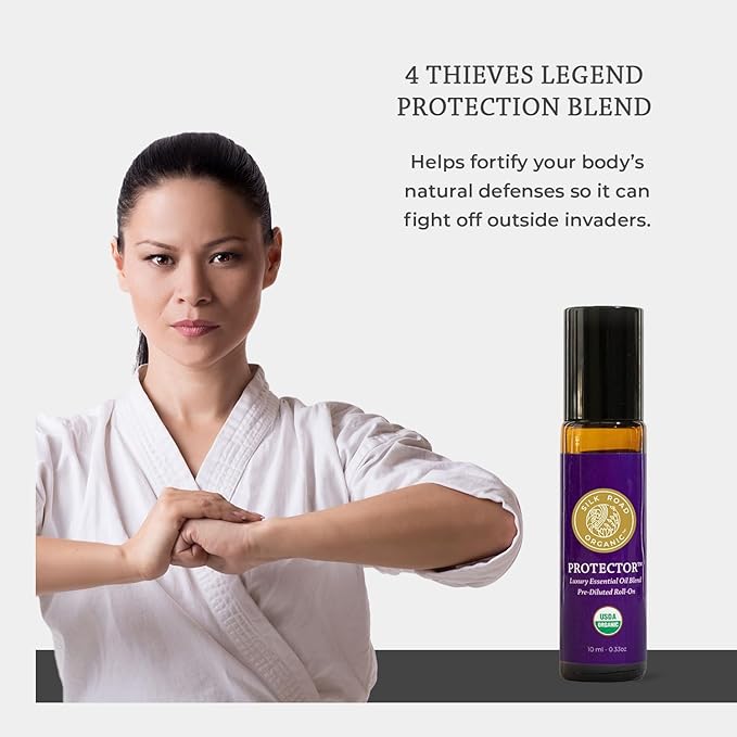 Silk Road Organic Protector Essential Oil Immunity Blend Roll On, Based on Thieves Oil Legend, 100% Pure USDA Certified Clove Bud, Cinnamon Bark, Rosemary, Lemon, Eucalyptus - 10 ml Roller