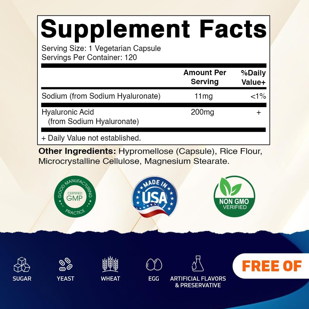 Vitamatic Hyaluronic Acid Supplements 200mg - Supports Healthy Connective Tissue and Joints - Promote Youthful Healthy Skin - 120 Capsules