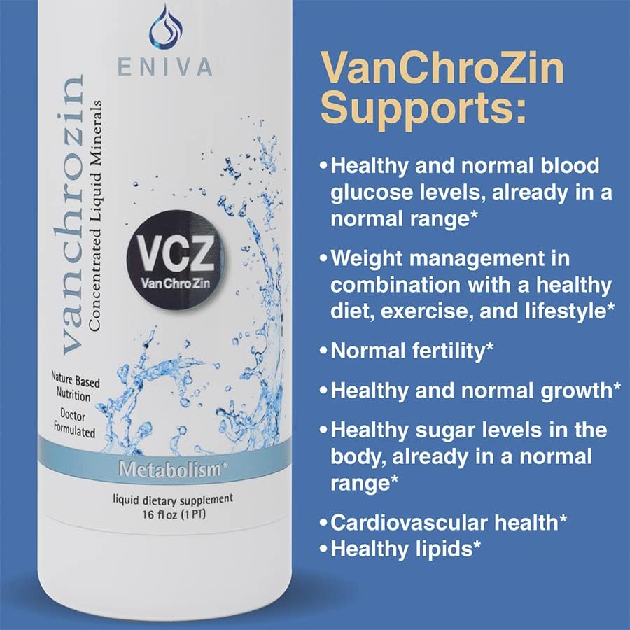 Eniva Health VANCHROZIN Liquid Ionic Minerals Supplement, Vanadium, Chromium & Zinc, Diabetic Friendly, 16 Fl Oz, 96 Servings
