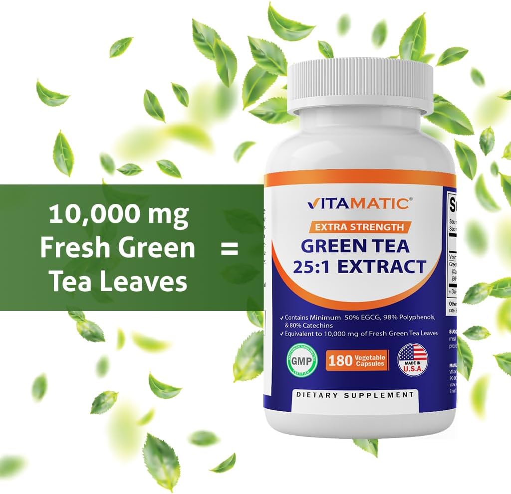 Vitamatic Green Tea Extract with Vitamin C, 25X Concentrate, 98% Polyphenols, 80% Catechins, 50% EGCG, 180 Veg Capsules
