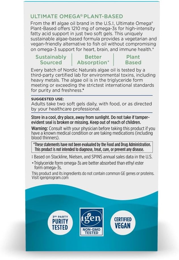 Nordic Naturals Plant Based Ultimate Omega, Lemon Flavor - 60 Vegetarian Soft Gels - 1210 mg Omega-3 - Vegan EPA and DHA - Supplement Made from Algae - Brain & Heart Support - Non-GMO - 30 Servings