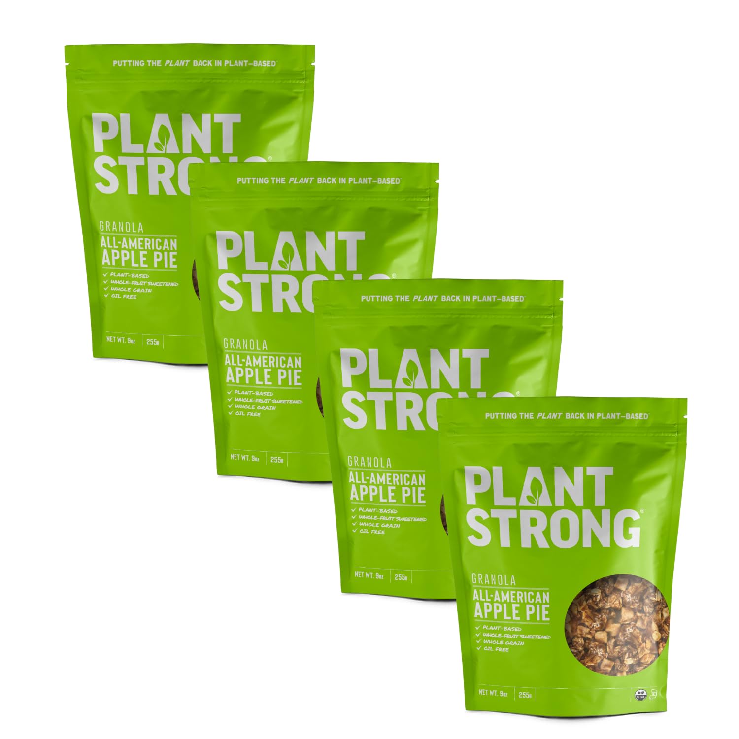 PLANTSTRONG All American Apple Pie Granola Snack Mix - Whole Grain, Naturally Sweetened With Fruit, Plant Based, Oil Free - Pack of 4 x 9oz Bags