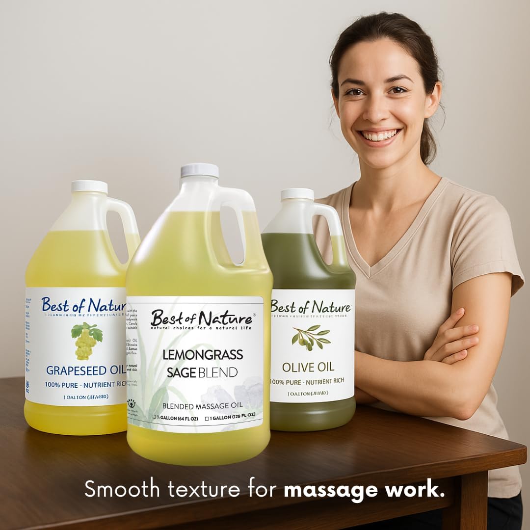 Best of Nature Lemongrass and Sage Massage Oil Blend - Non-Greasy Aromatherapy Massage Oil for Body, Skin & Face, Crafted with Pure Essential Oils, Gallon (128 fl oz)