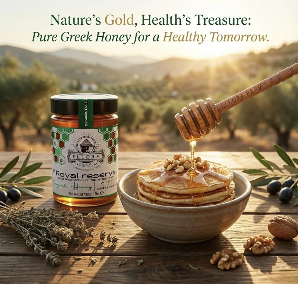 Ellora Farms Organic Honey, Wild Thyme Organic Honey Raw Unfiltered, Preservative and Additive Free, 2025 Paris and Dubai Gold Awards Winner, Gift Pack with Dipper - 450 g