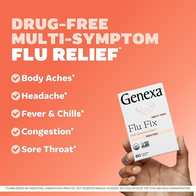 Genexa Flu Fix | Multi-Symptom Flu Remedy for Kids & Adults | Relieves Aches, Fever, Congestion | Acai Berry Flavor | Organic & Non-GMO | Homeopathic Remedy Made Clean | 60 Chewable Tablets, Ages 4+