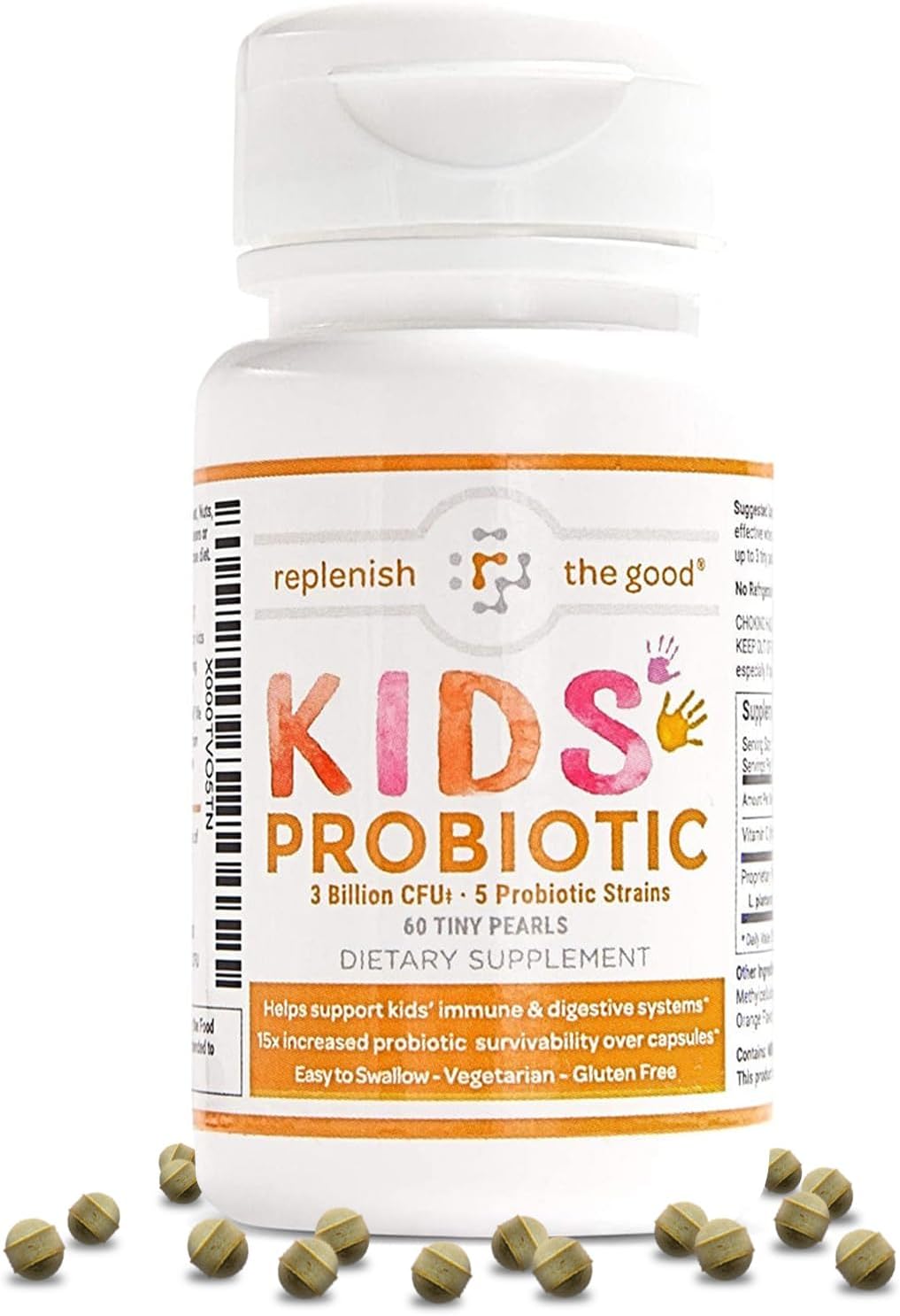 Kids Vegan Probiotics, 60 Tiny Pearls - Antibiotic Recovery - Helps Support Kids' Immune & Digestive System - 15x More Effective Than Gummies - Sugar Free, Easy to Swallow