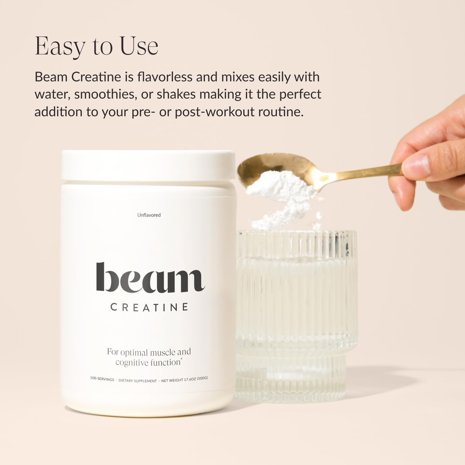 Beam Creatine Monohydrate Powder - Micronized Creatine for Muscle Growth, Strength, Endurance & Recovery - Unflavored, Fast-Dissolving, Workout Supplement for Men & Women, Keto & Vegan - 100 Servings