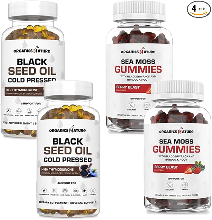 ORGANICS NATURE Black Seed Oil Capsules (2 Bottles) & Sea Moss Gummies (2 Bottles) | Vegan Softgels, for Hair, Skin, Heart, Joint Support, Lung Detox, Energy, Mucus Clear, Thyroid, Digestion Omega 3s