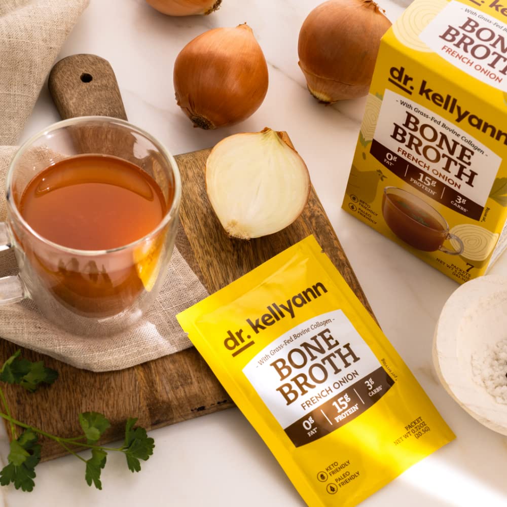 Dr. Kellyann French Onion Bone Broth Packets (7 Servings) – 16g Protein, Grass-Fed Hydrolyzed Collagen, Keto & Paleo-Friendly, 1 Box